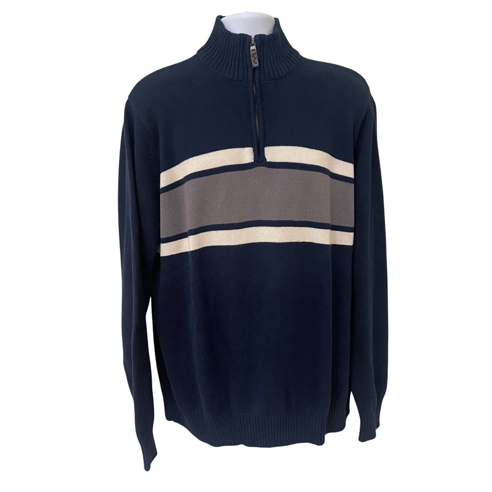 Eddie Bauer‎ Mens Navy Blue 1/4 Zip Cotton Sweater Striped Collar Size XXL